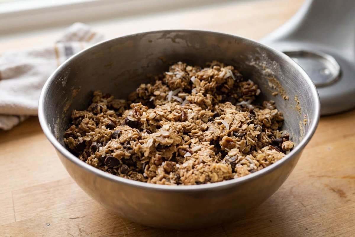 Paleo Chocolate Chip 13 A hand using a tablespoon to scoop paleo cookie dough onto a parchment lined sheet