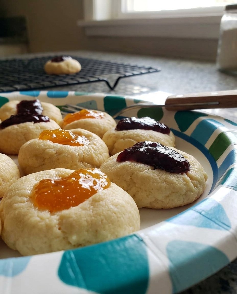 Apricot Thumbprint Cookies 14 Apricot thumbprint cookies served on a vintage plate next to a cup of tea