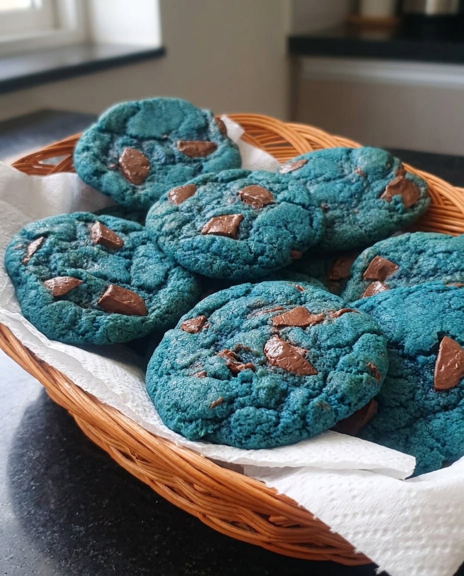 Blue Character Cookies 14 A stack of blue character cookies served with a glass of milk