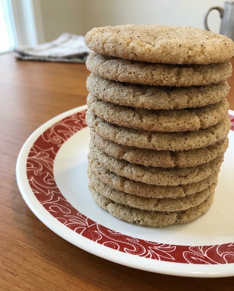 Chai snickerdoodles served on a plate with a cup of tea