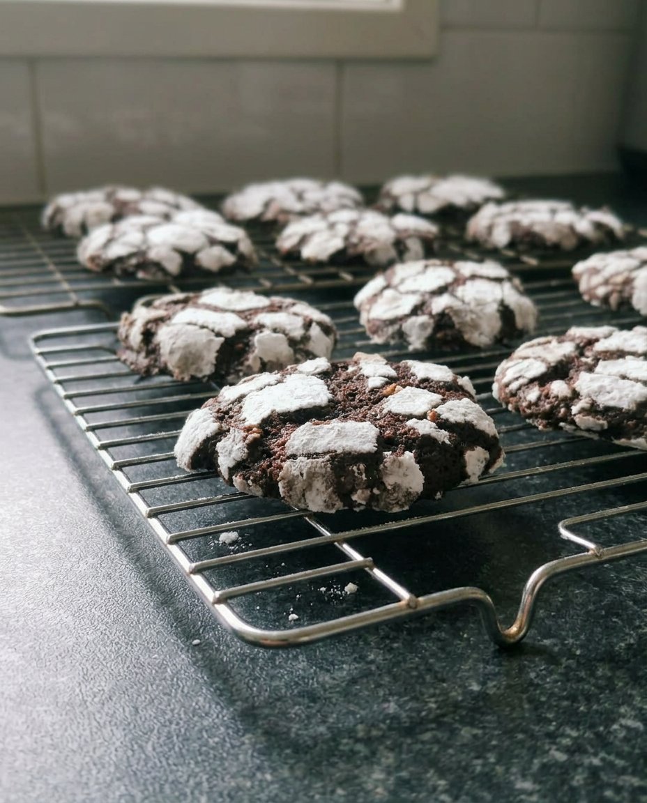 Chocolate crinkle cookies served on a white plate next to a glass of cold milk.