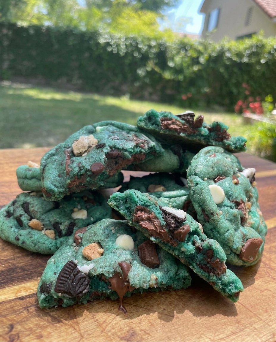 Cookie monster cookies served on a plate with a glass of milk