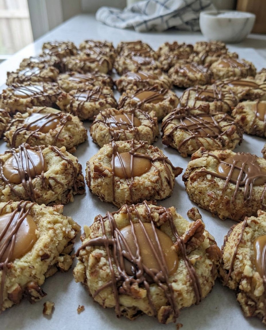 Finished pecan pie thumbprint cookies served on a wooden board
