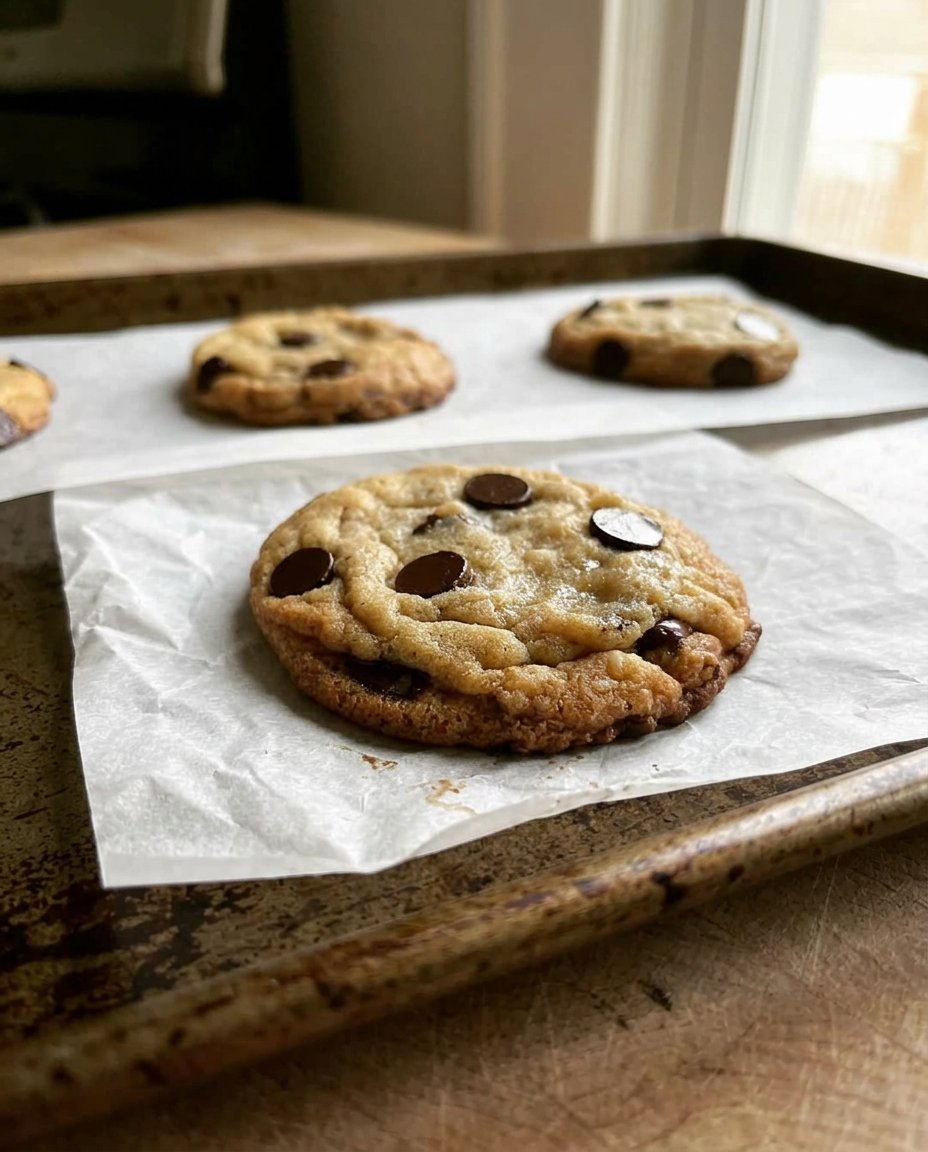 Two dark chocolate chunk cookies sitting on a linen napkin next to a glass of cold milk.