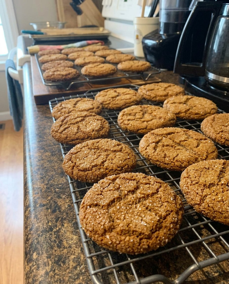 A plate of ginger cookies served with a mug of hot cider on a farmhouse table.