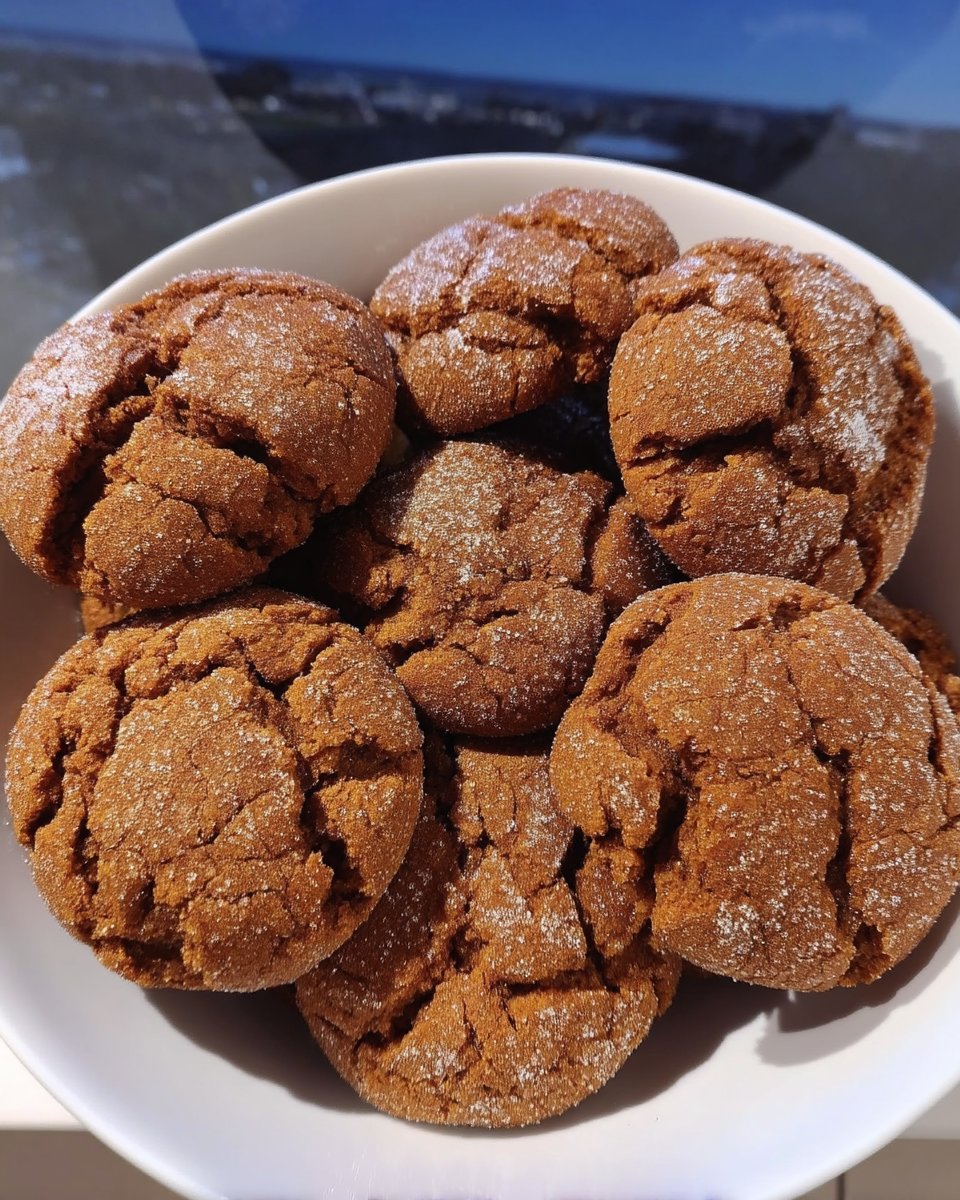 A stack of molasses ginger cookies served on a wooden board next to a cup of tea.