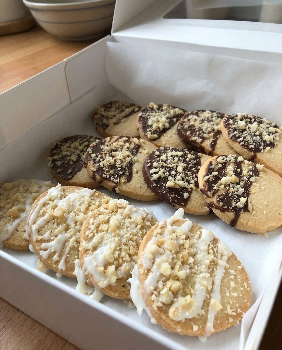 Macadamia Nut Shortbread 14 A plate of chocolate-dipped macadamia shortbread sticks served next to a steaming cup of herbal tea in a garden setting.