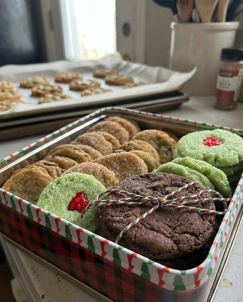 A finished mini cookies gift box with a handwritten tag and festive ribbon