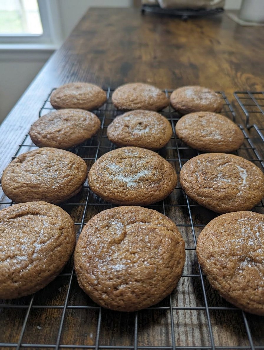 Molasses cookies served on a ceramic plate next to a warm cup of tea.