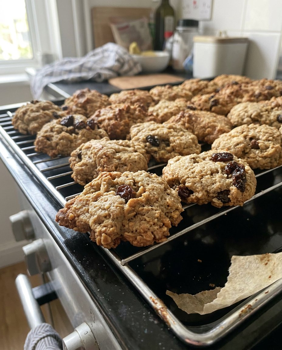 Double Oatmeal Raisin 14 Oatmeal raisin cookies served with a glass of fresh milk on a linen cloth