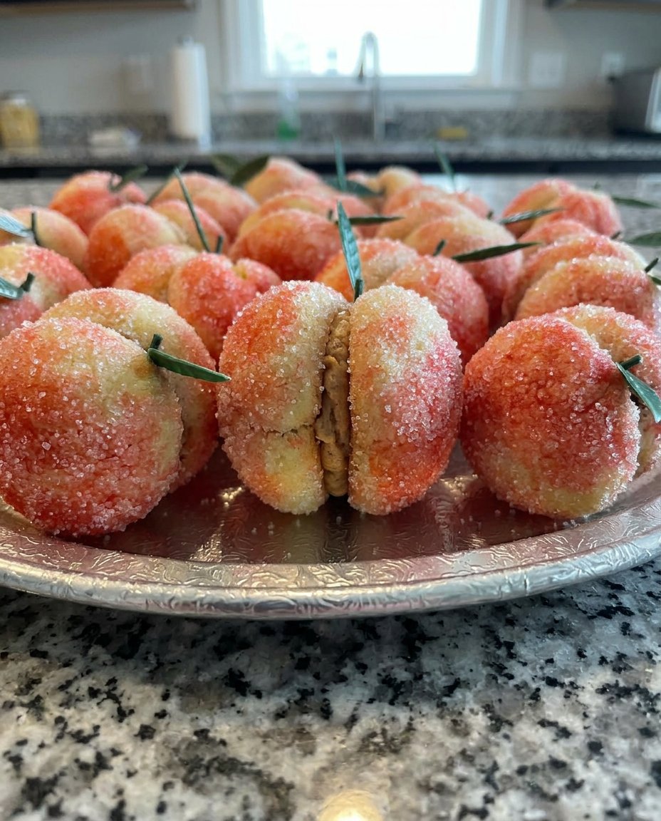 Peach Cookies 14 A tray of peach cookies being drizzled with vanilla glaze