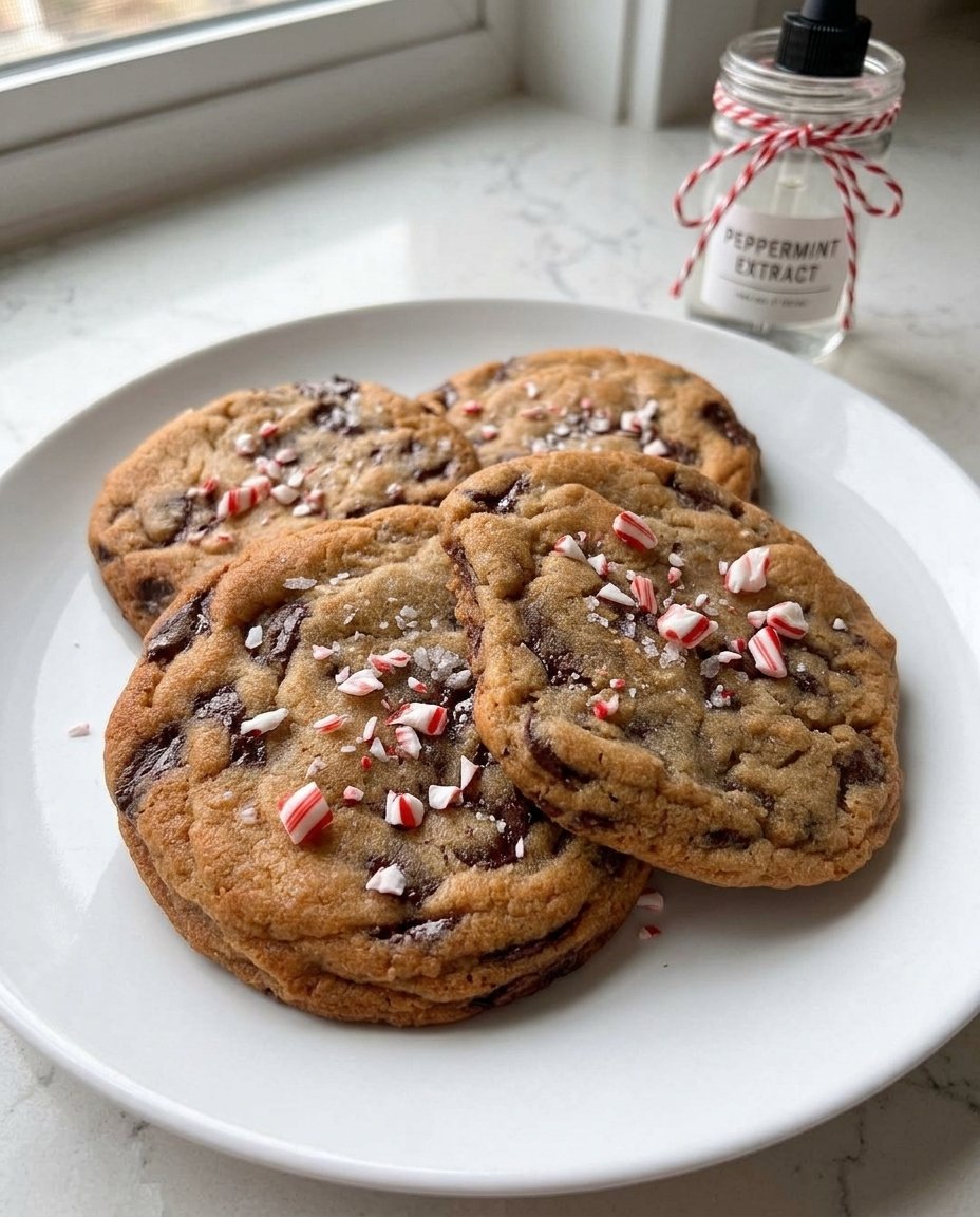 Warm peppermint chocolate chip cookies served on a plate next to a glass of milk.