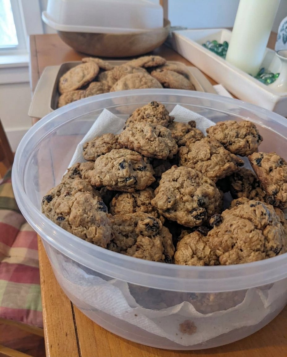 A pile of golden brown rum raisin cookies on a white plate