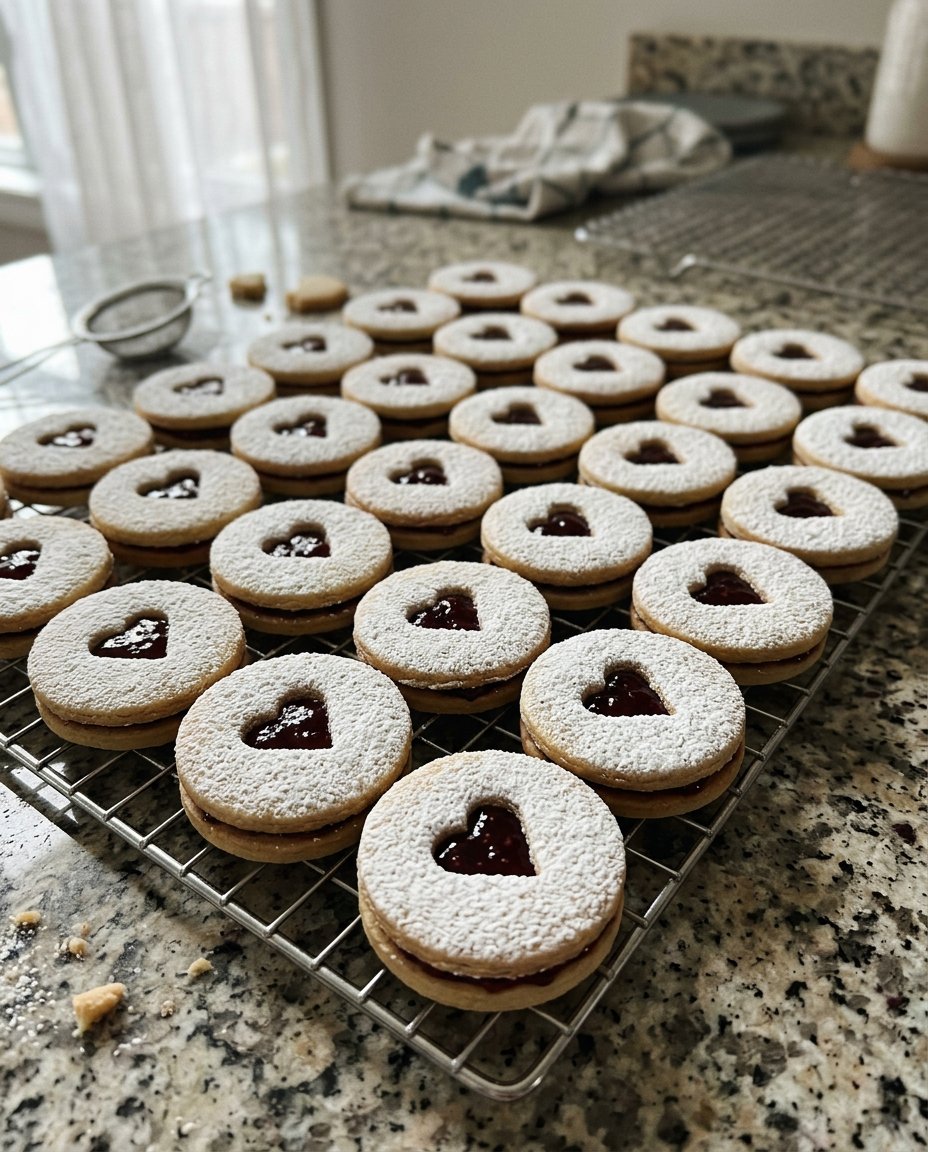 A platter of raspberry linzer cookies arranged for a holiday party