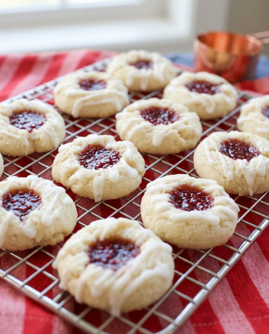 Raspberry Thumbprint 14 Raspberry thumbprint cookies served on a vintage ceramic plate with a cup of tea in a farmhouse setting.
