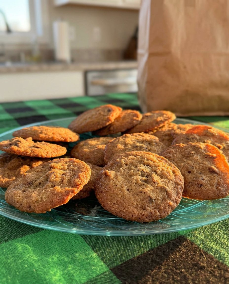 Thin chocolate chip cookies served with a glass of milk on a rustic table