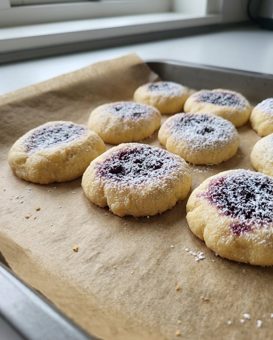 Thumbprint Cookies 14 Thumbprint cookies served on a white plate next to a glass of cold milk.