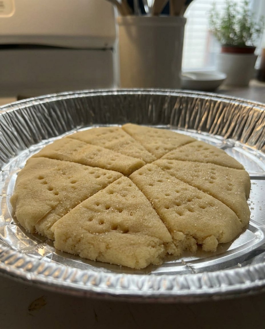Vegan shortbread cookies served on a white plate next to a cup of tea