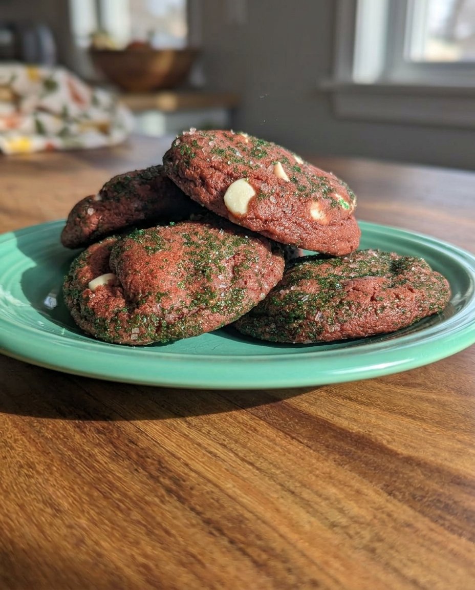 A stack of red velvet cookies on a plate with a glass of milk