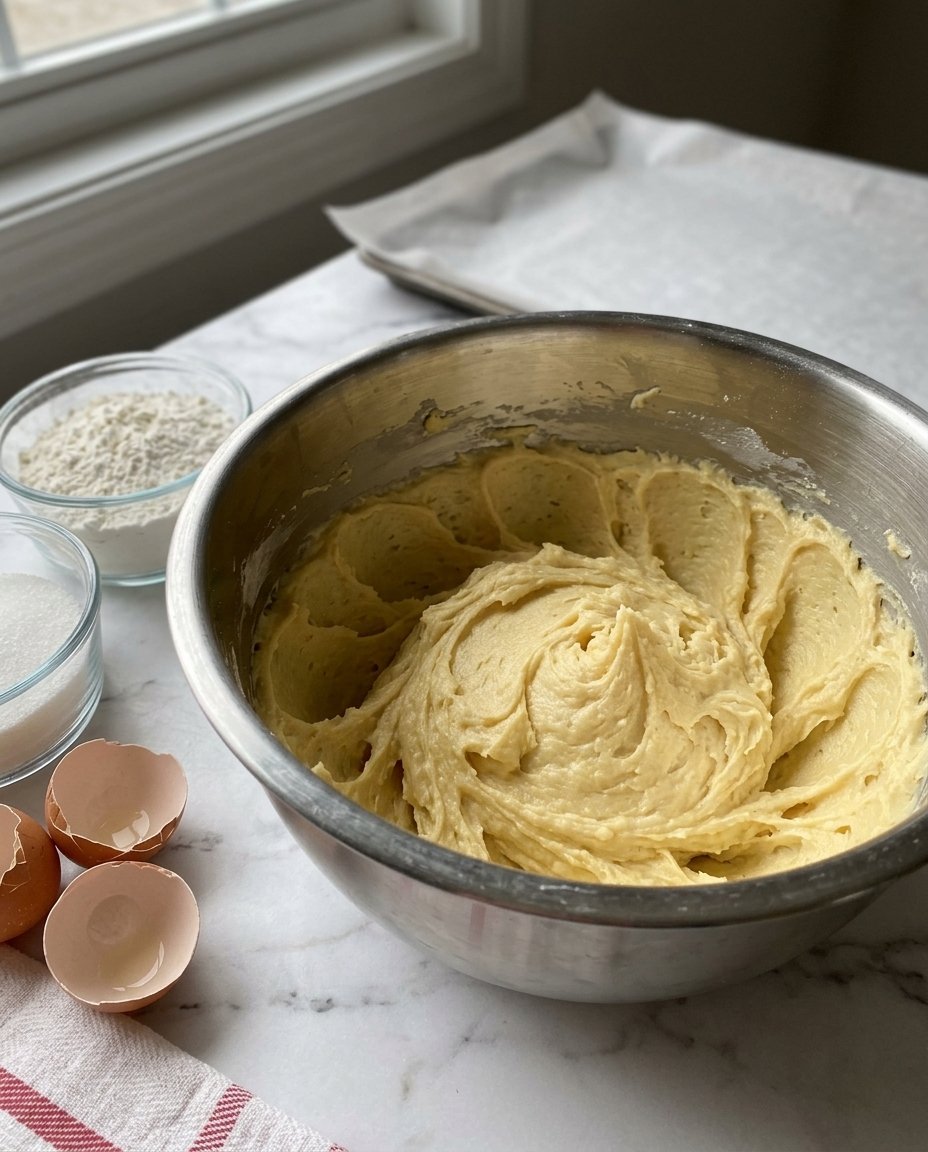 Hands rolling small balls of golden cookie dough