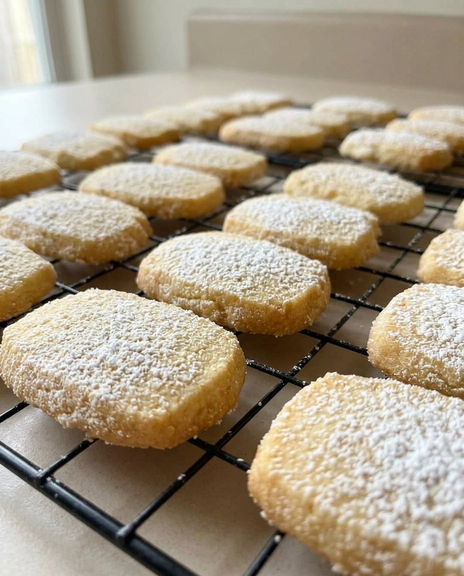 Two shortbread wedges resting on a saucer next to a cup of tea