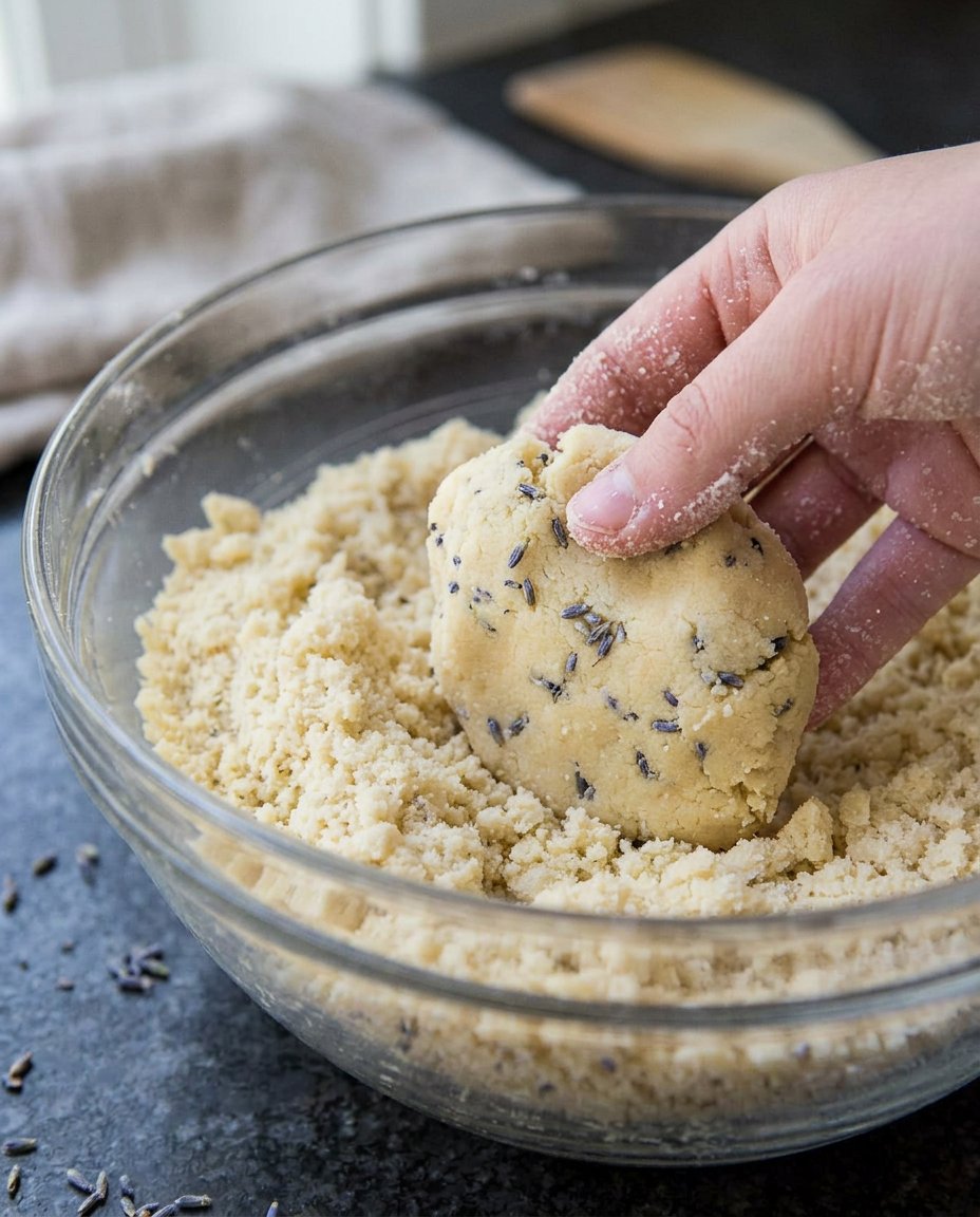 A close up of shortbread dough being rolled out to half inch thickness