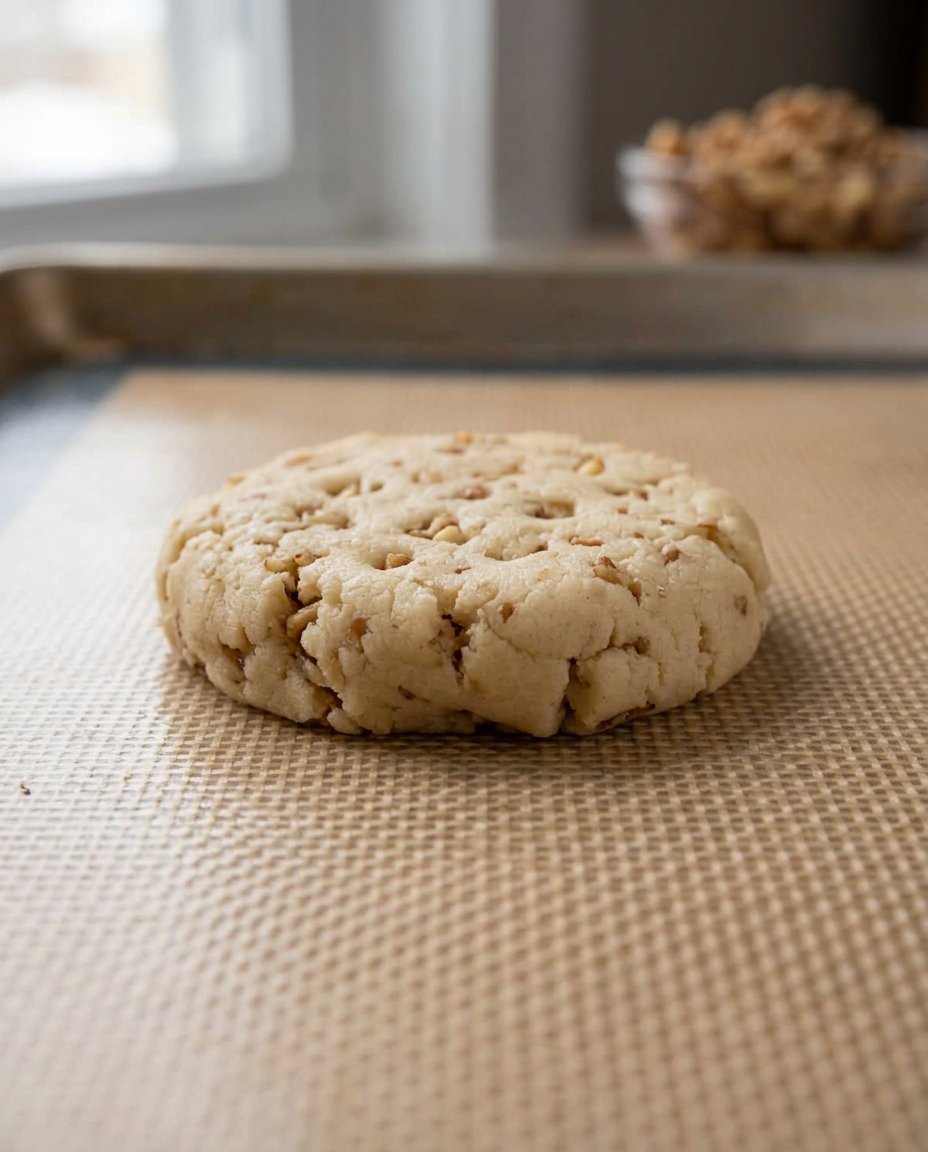 A sharp knife slicing through a chilled log of walnut shortbread dough