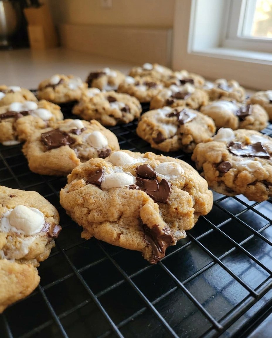 A close up of a bitten Smore Cookies 2 showing a gooey marshmallow center and melted chocolate chips