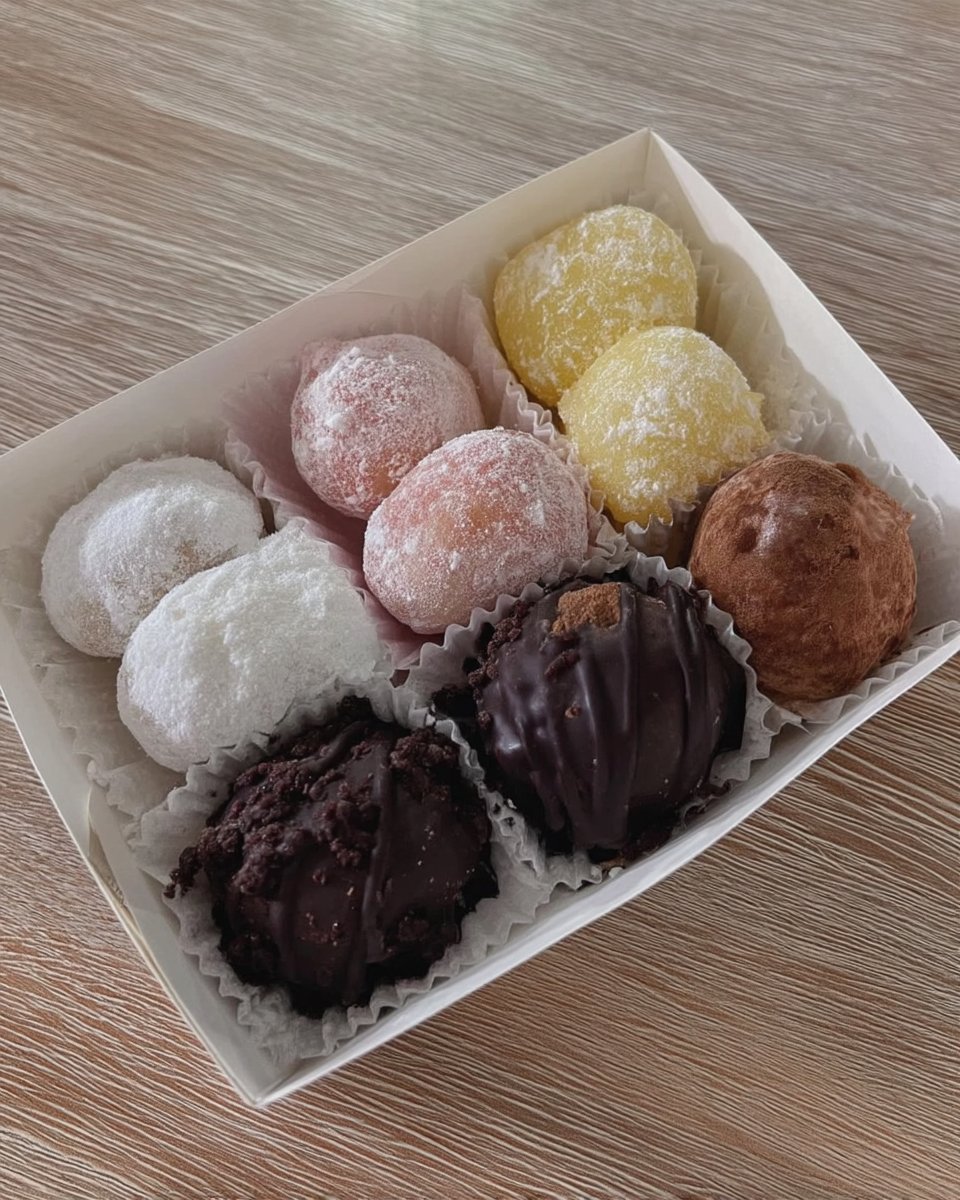 A pile of round white snowball cookies on a dark rustic wooden tray with evergreen sprigs.