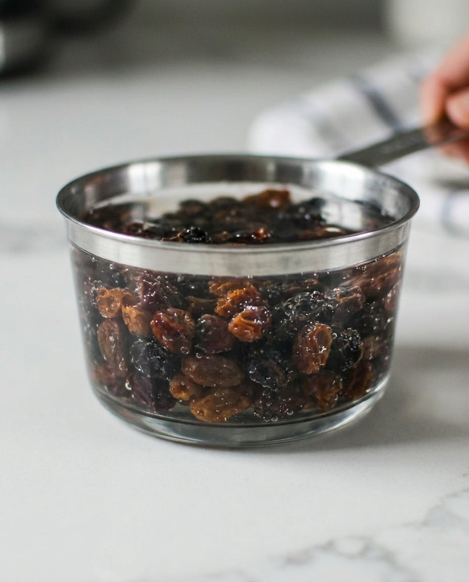 Small bowl of raisins soaking in water to keep them juicy for baking