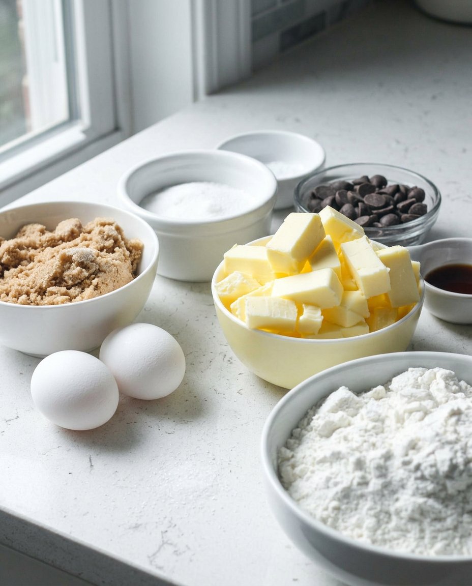Ingredients for soft batch cookies including flour sugar and browned butter