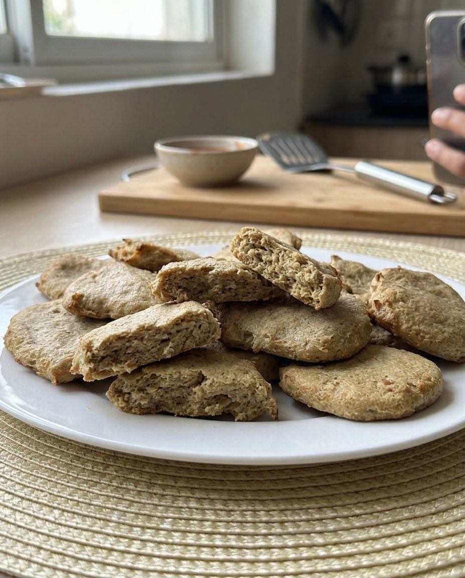 A close up of a soft peanut butter cookie showing the tender crumb and traditional fork marks
