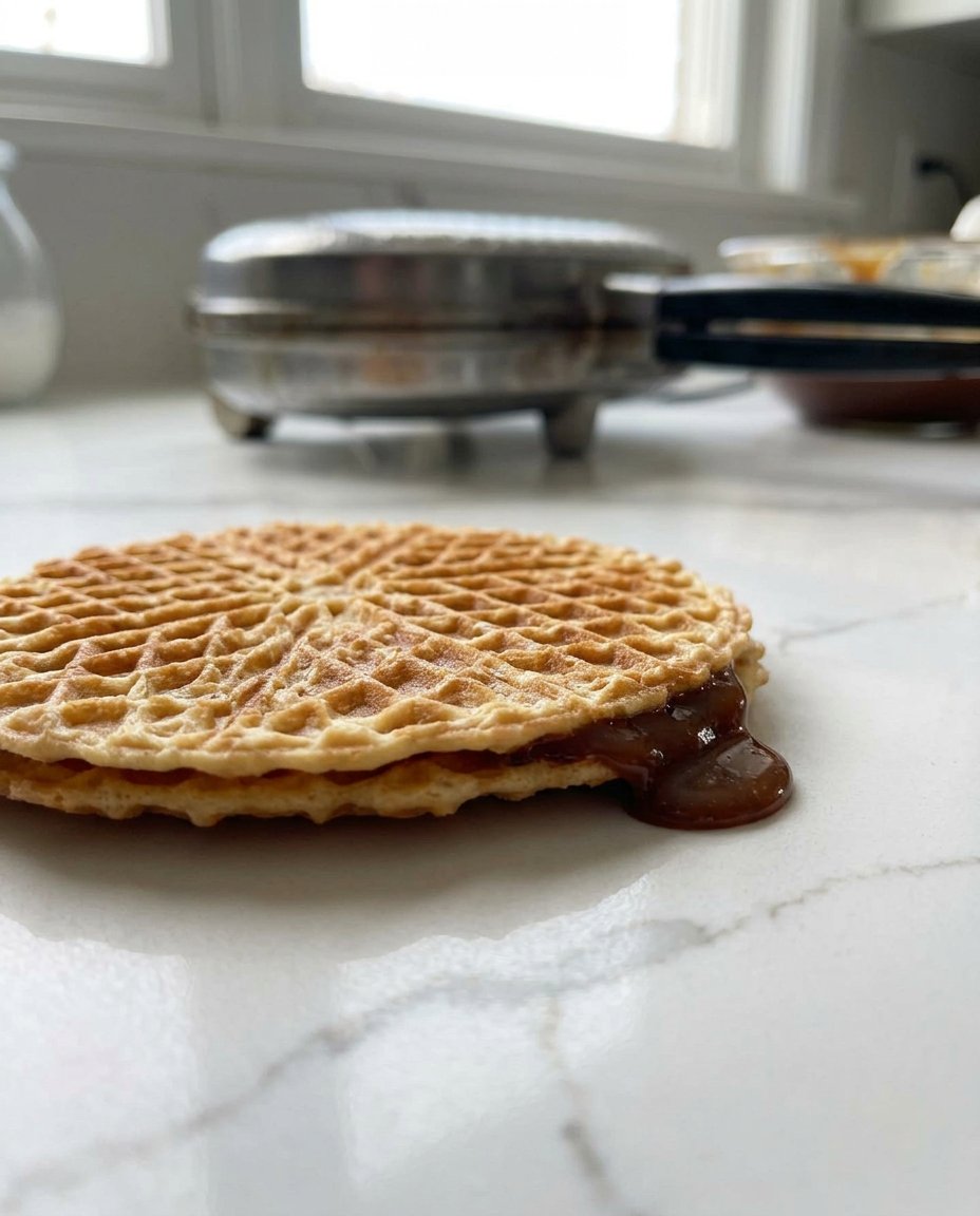 A hand using a thin sharp knife to carefully split a warm waffle cookie in half
