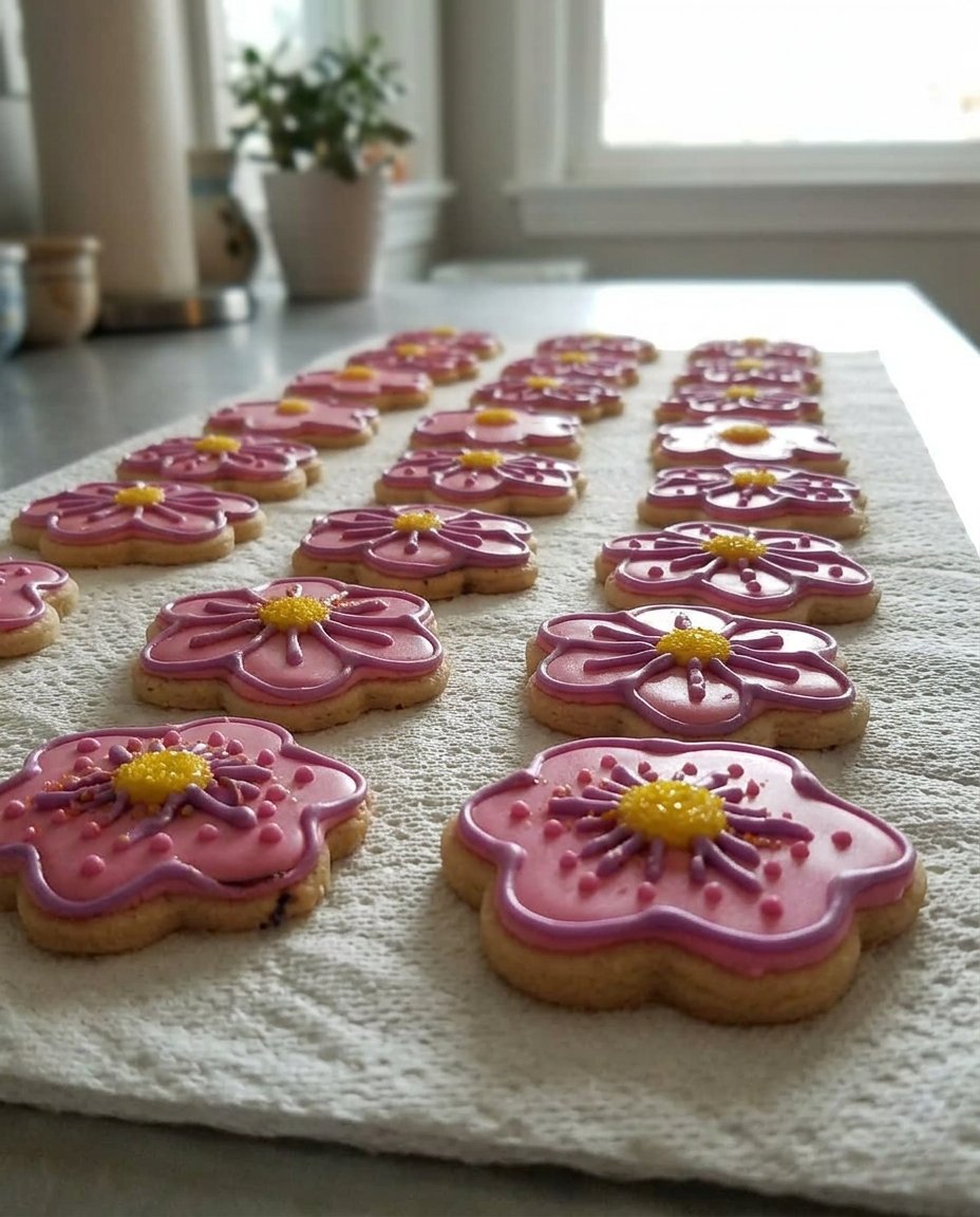 Spring flower cookies with chocolate egg centers on a rustic wooden table