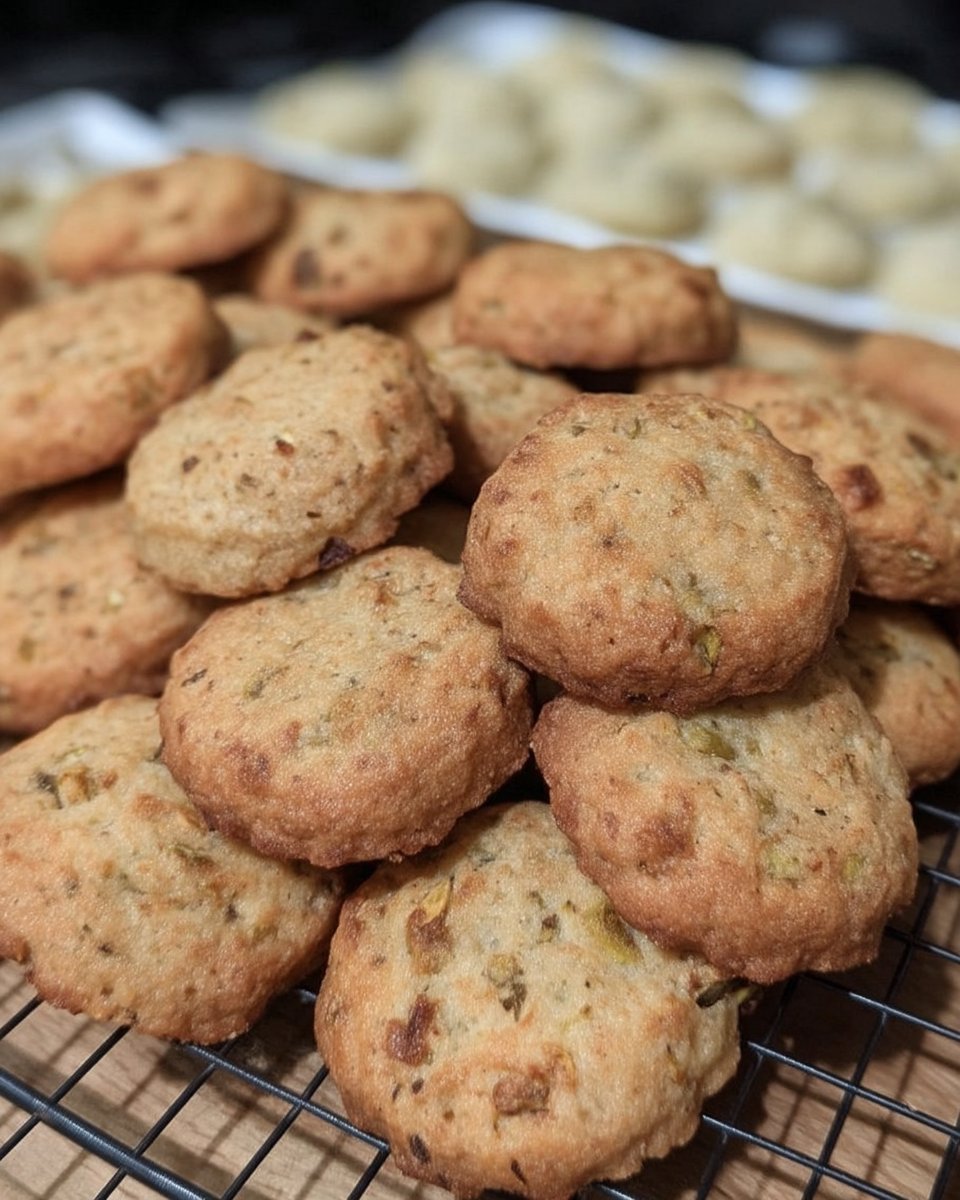 A stack of golden pistachio cookies served with a glass of milk