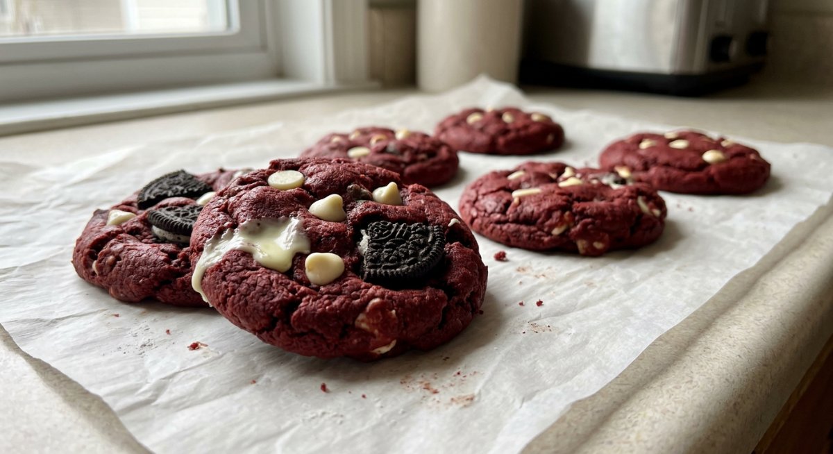 Red Velvet Cookies 14 A high stack of eight large red velvet cookies on a serving plate