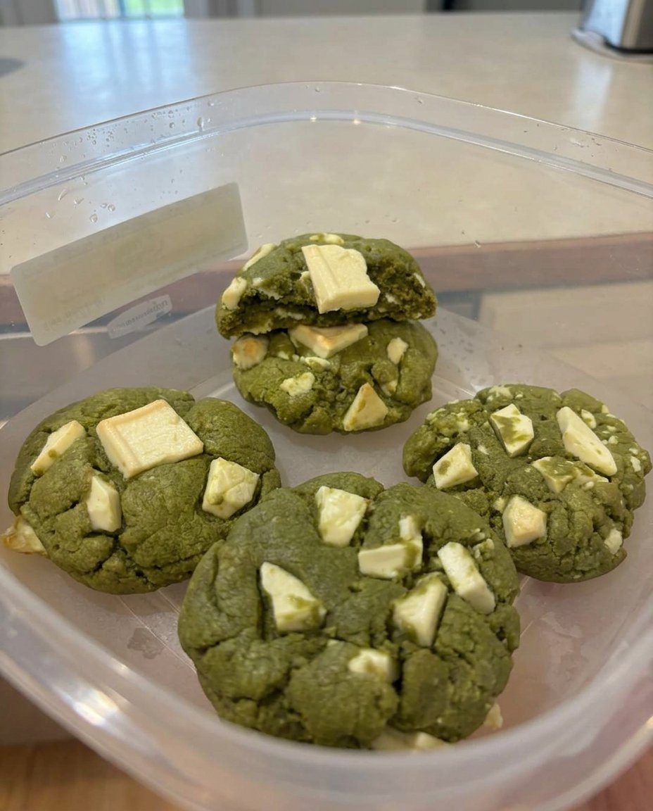 A stack of thick matcha white chocolate cookies next to a glass of milk