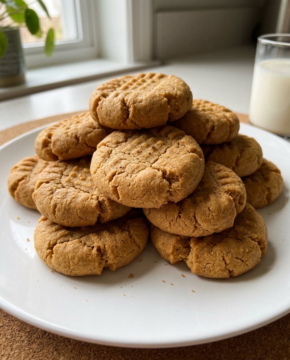 Soft Peanut Butter Cookies 14 A stack of golden brown peanut butter cookies next to a glass of cold milk