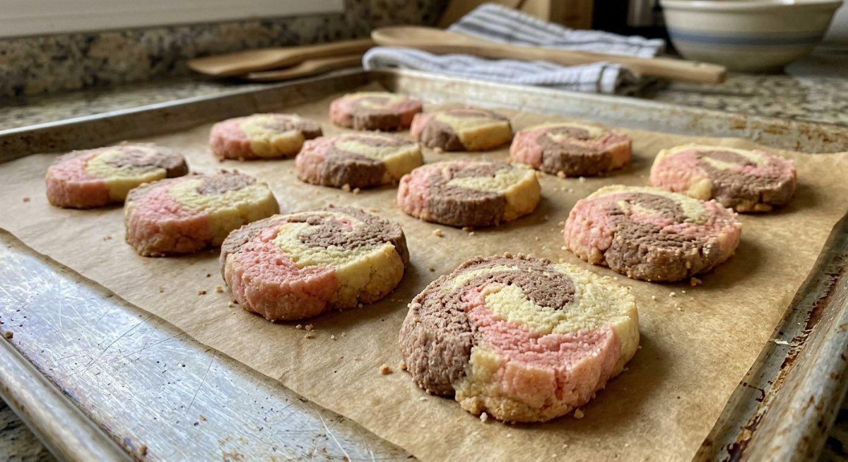 A stack of pink Polvorones next to a cup of coffee