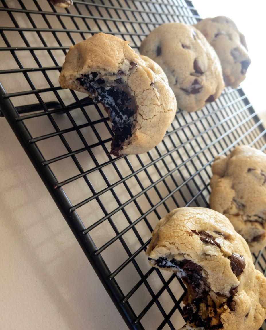 Oreo Stuffed Chocolate Chip 14 A stack of thick Oreo stuffed cookies next to a glass of cold milk