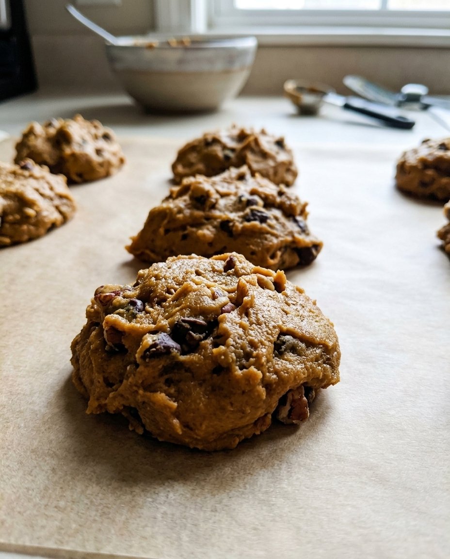 A stack of orange pumpkin cookies surrounded by autumn leaves