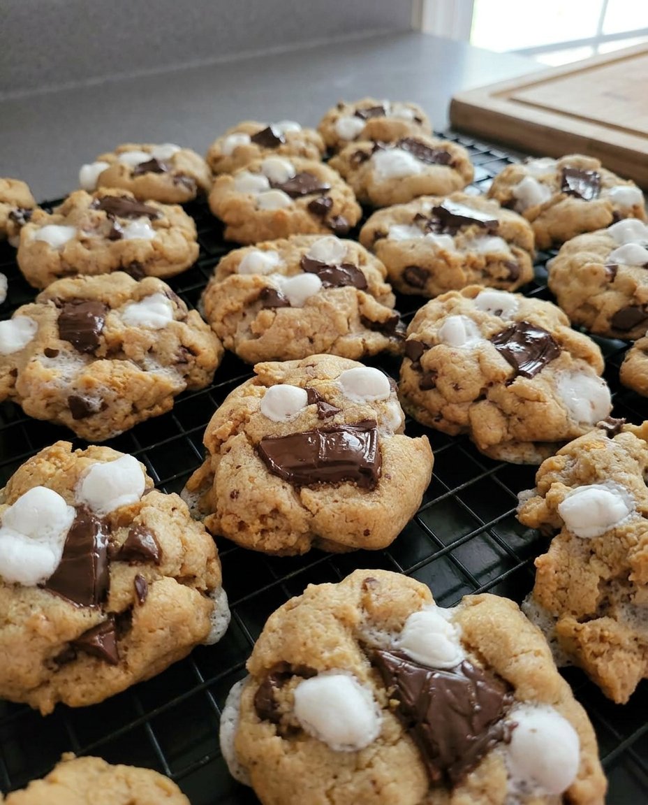 A tall stack of Smore Cookies 2 on a rustic wooden serving board