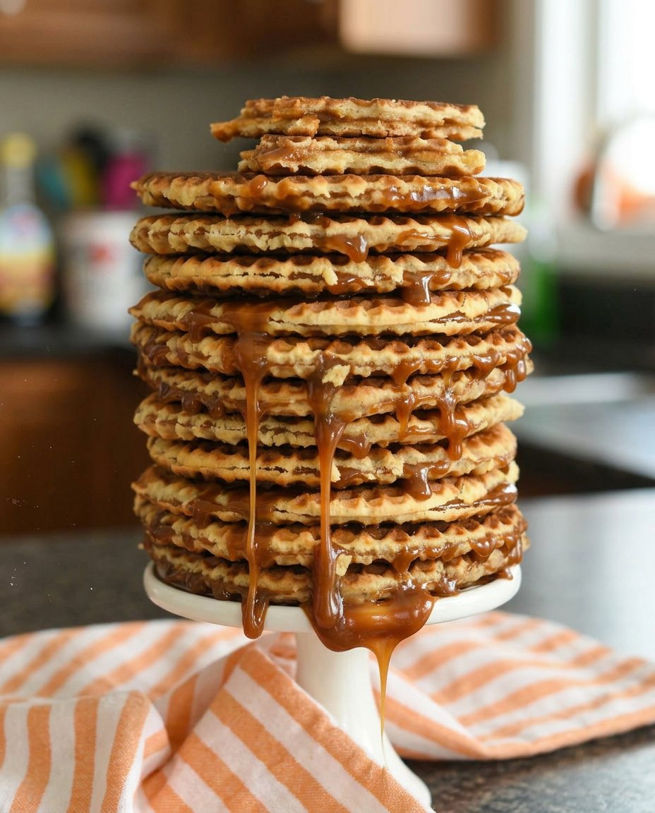 A finished stroopwafel cookie resting on the rim of a white coffee cup with steam rising