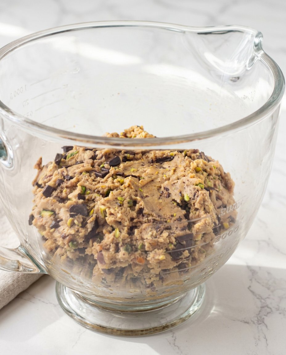 A hand stuffing a ball of cookie dough with a green pistachio cream filling