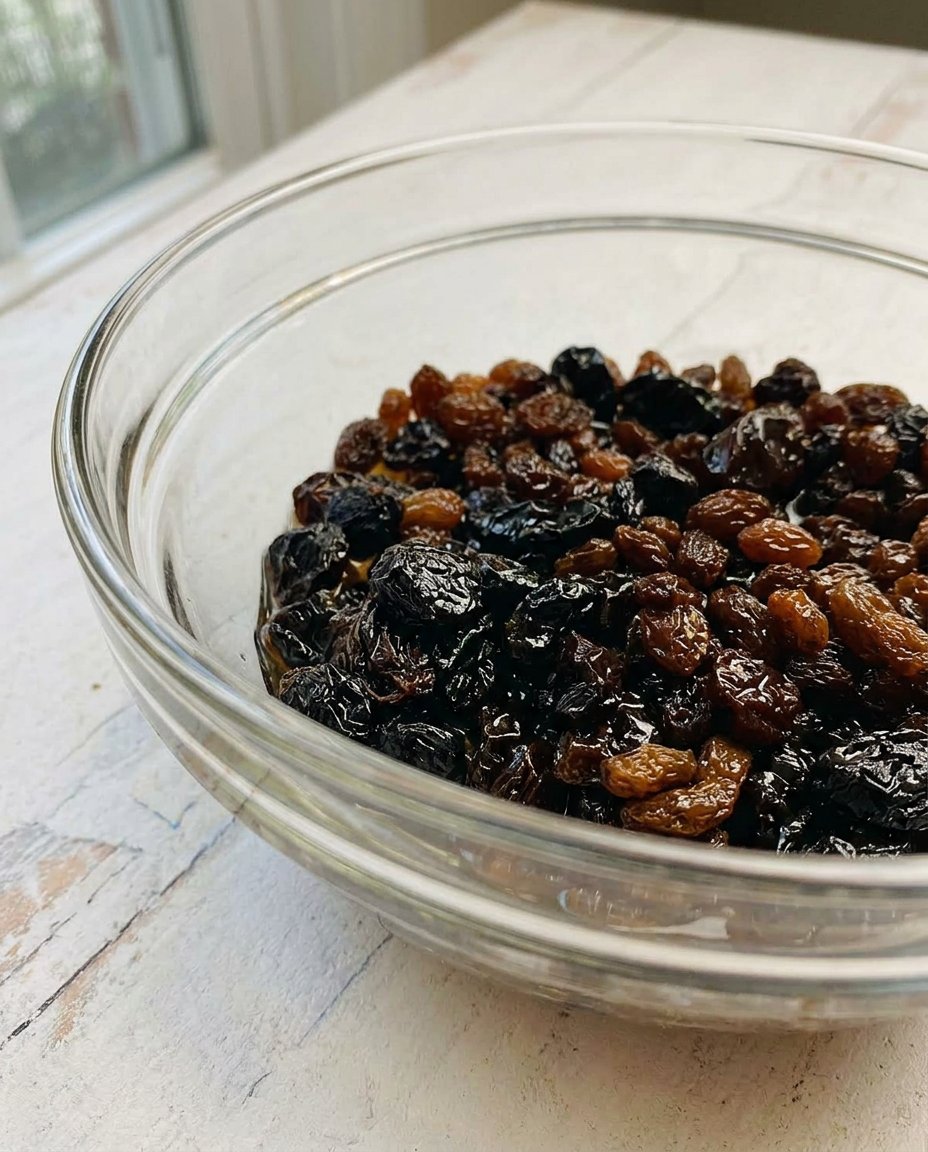 Hands folding a large amount of rum-soaked raisins into a thick oatmeal cookie dough