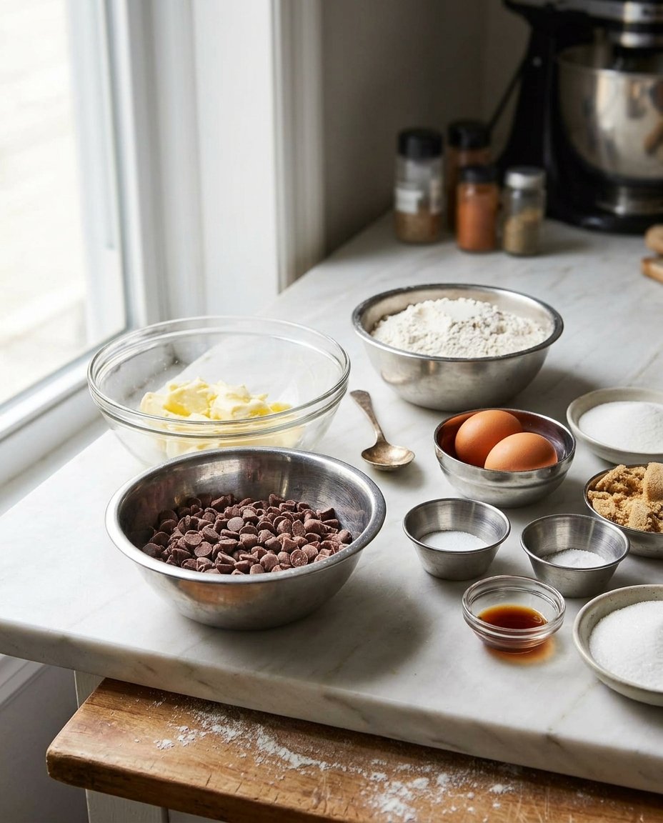 Ingredients for sugar cookies including flour, butter, eggs, and vanilla on a wooden surface.