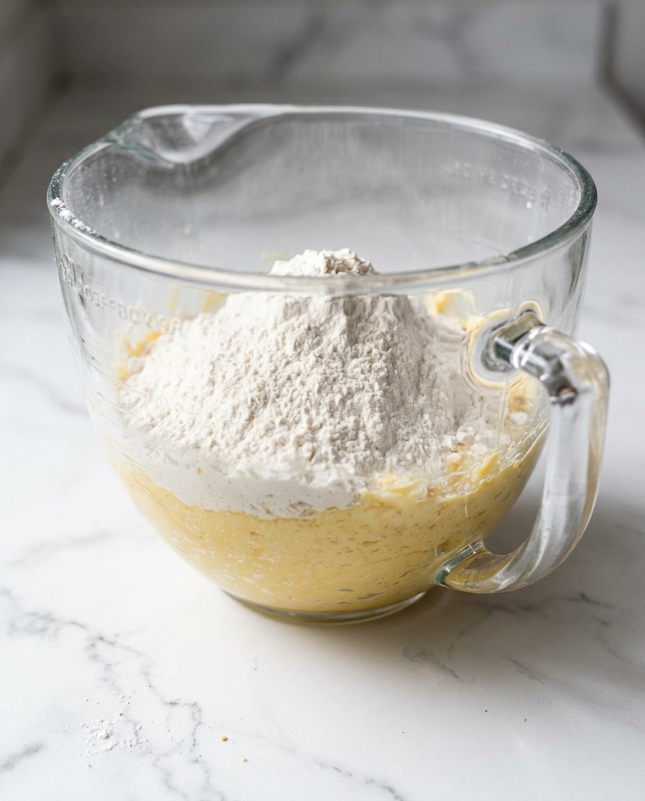 Ingredients for soft sugar cookies including butter, flour, sugar, and eggs on a counter
