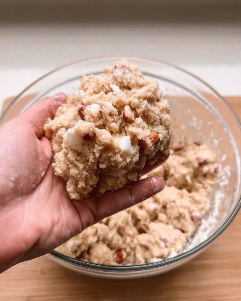 Ingredients for snowball cookies including a bowl of toasted pecans, a block of butter, and flour.