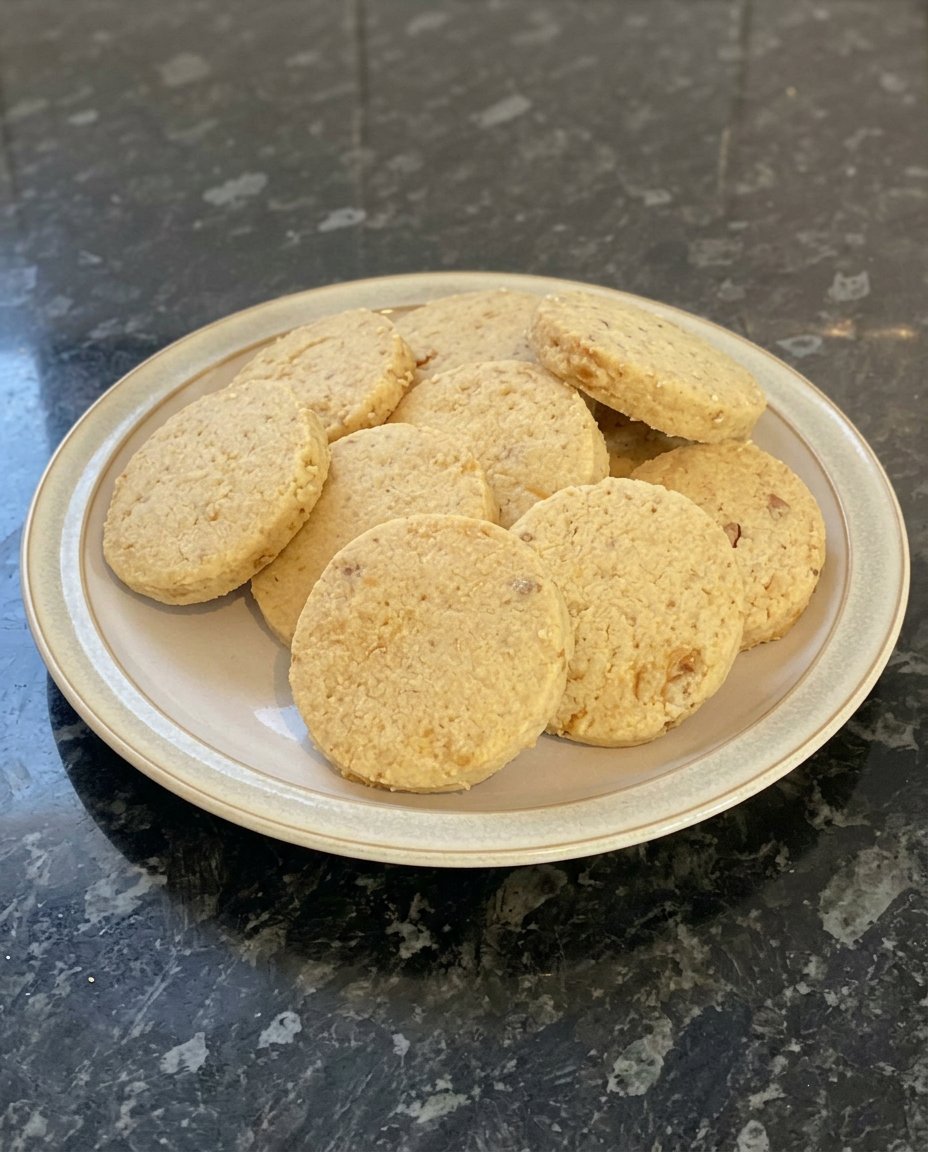A tall stack of thick walnut shortbread cookies on a wooden plate