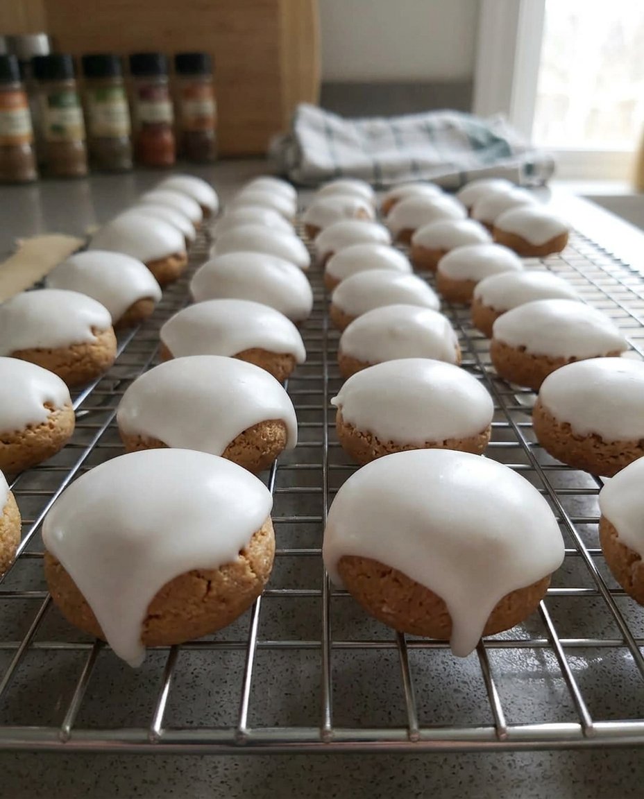 A pile of traditional German Pfeffernusse cookies covered in a bright white sugar glaze.